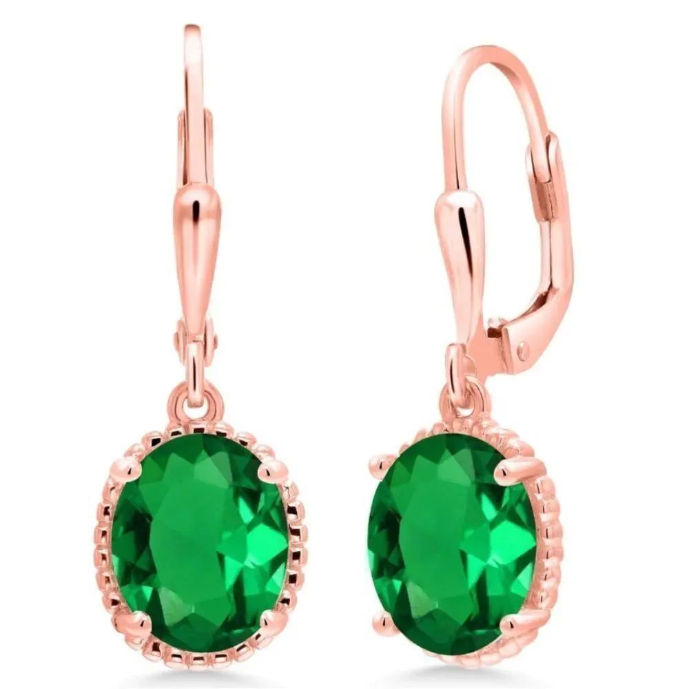 18K Rose Gold 925 with 3.00 Cttw Emerald Oval Leverback Hook Earrings